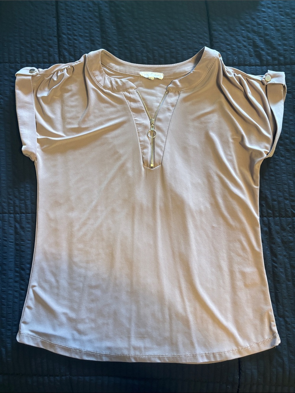 Women's Taupe Short Sleeve Zip-Front Top